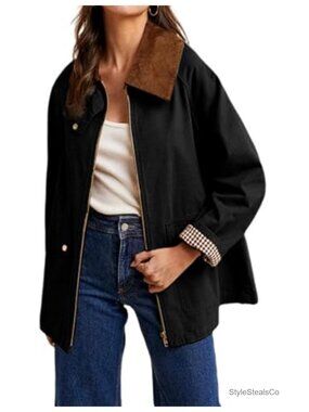 Women's Color Block Corduroy Collar Utility Barn Jacket Zip Coat